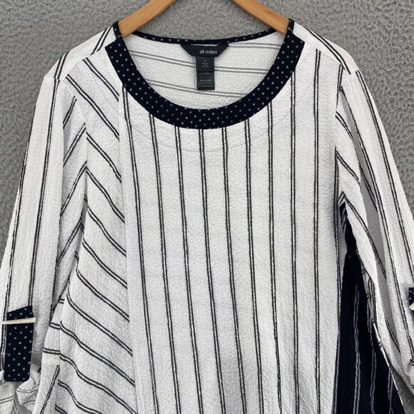 Ali Miles Top Womens Small White Striped Tunic Roll Tab Sleeve Pockets Stretch - Picture 2 of 11